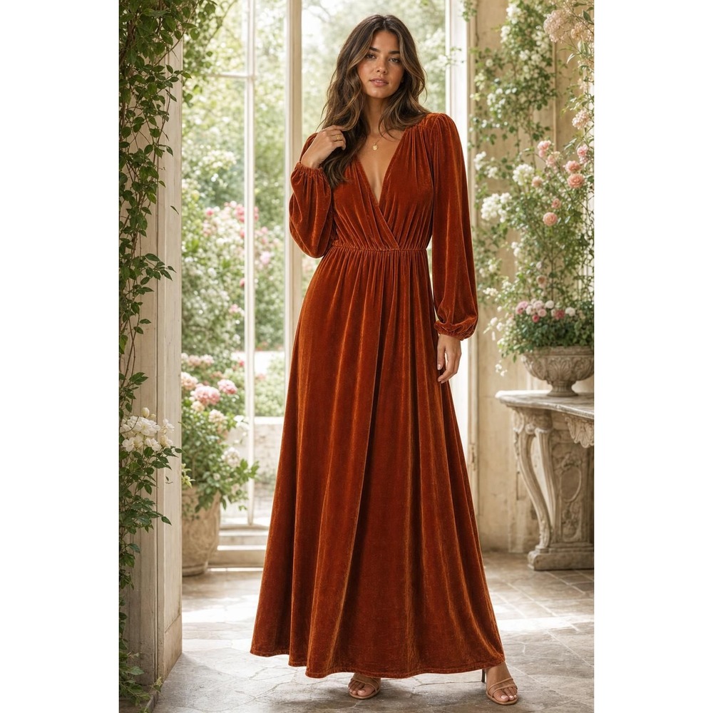 Baltic Born Maxi Dress Women's M Rust Orange Velvet Long Sleeve Boho Holiday